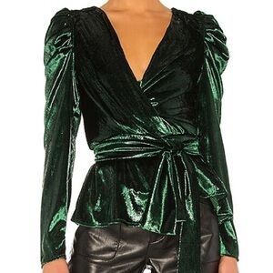 NWT PatBO Liquid Velvet Puff Sleeve Wrap Top Emerald Green XS